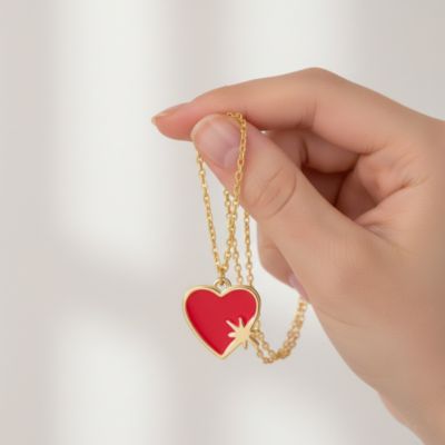 Teens 14K Gold Plated with Red Enamel Heart & Starburst Design Pendant Necklace