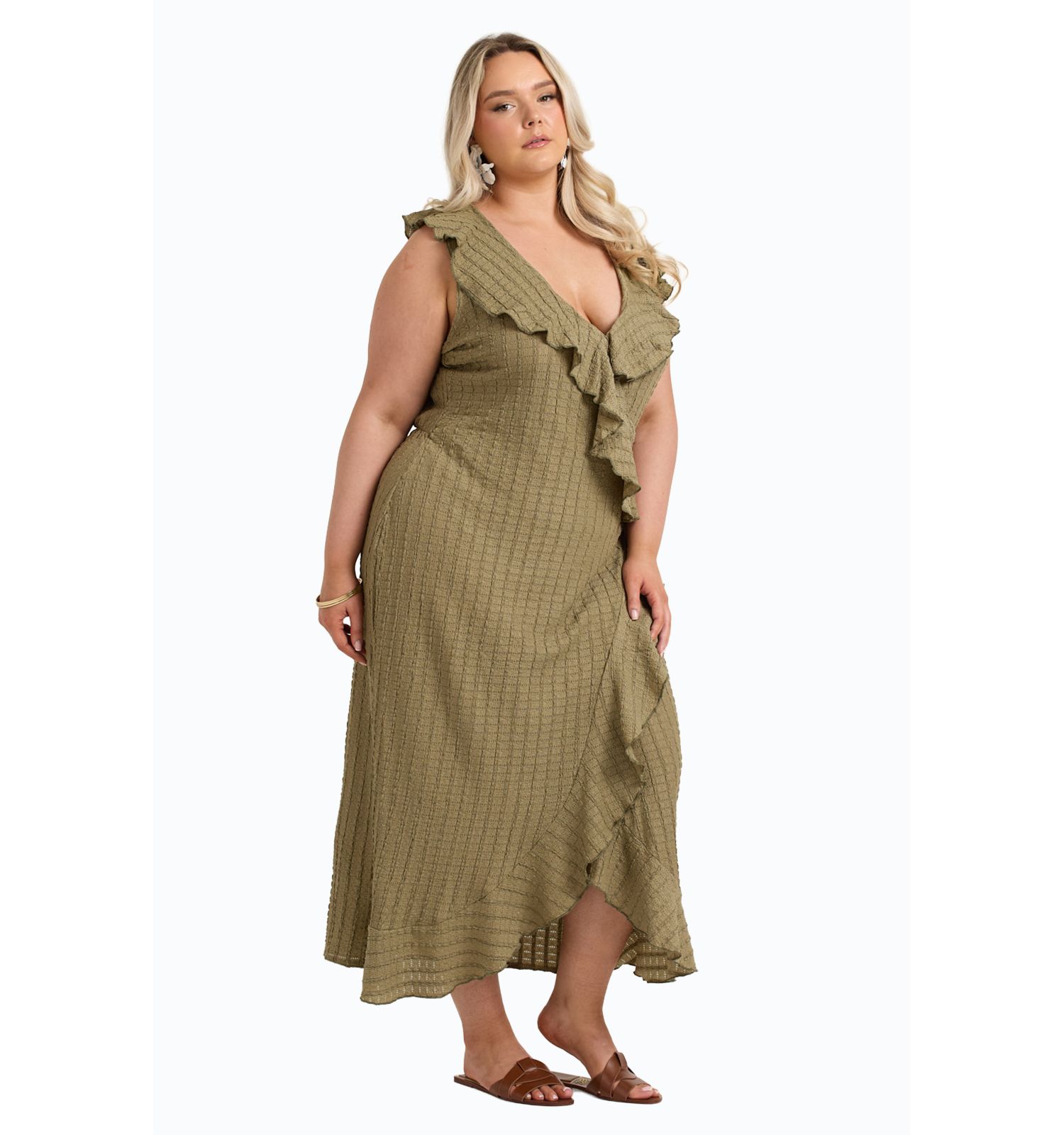 Women's Ruffle Wrap Sleeveless Midi Dress