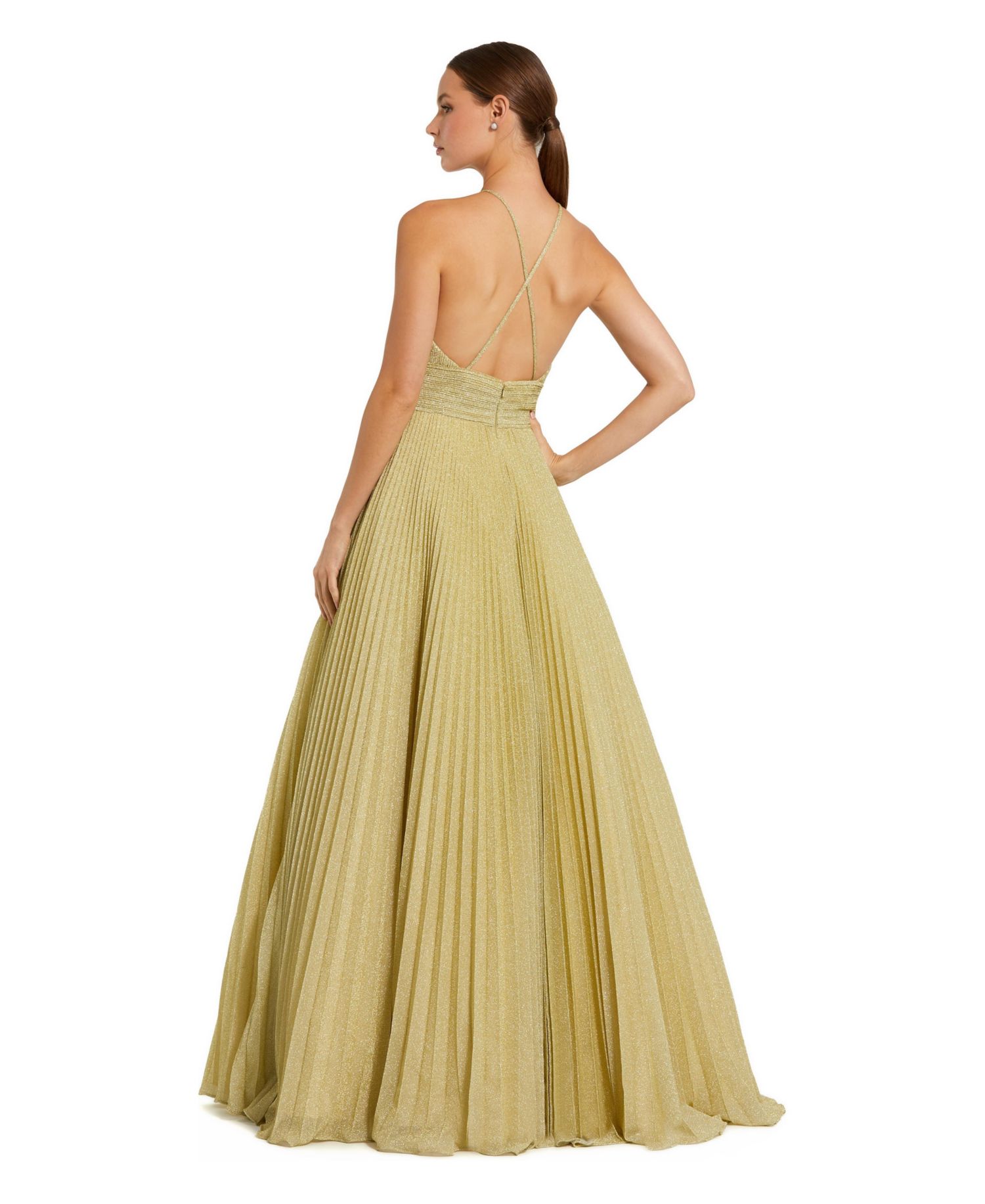 Women's Shimmering Pleated Georgette High Neck Gown