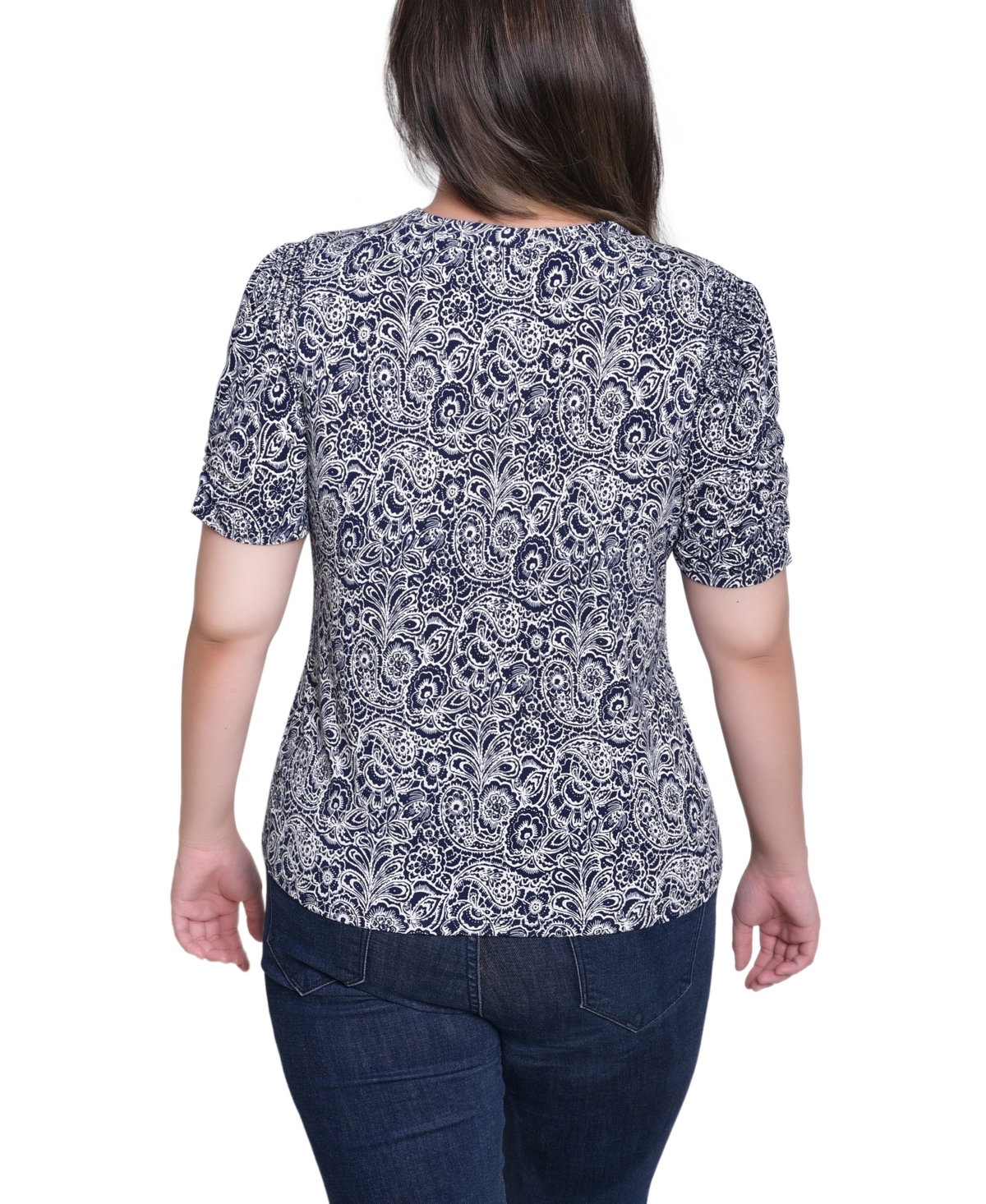 Ny Collection Petite Short Sleeve Scoop Neck Top In Gray