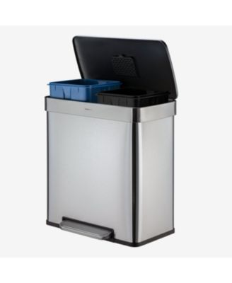 60L / 16 Gal (30L/8 Gal Split) Rectangular Recycle Step Can - Stainless Steel with Black Plastic Lid 