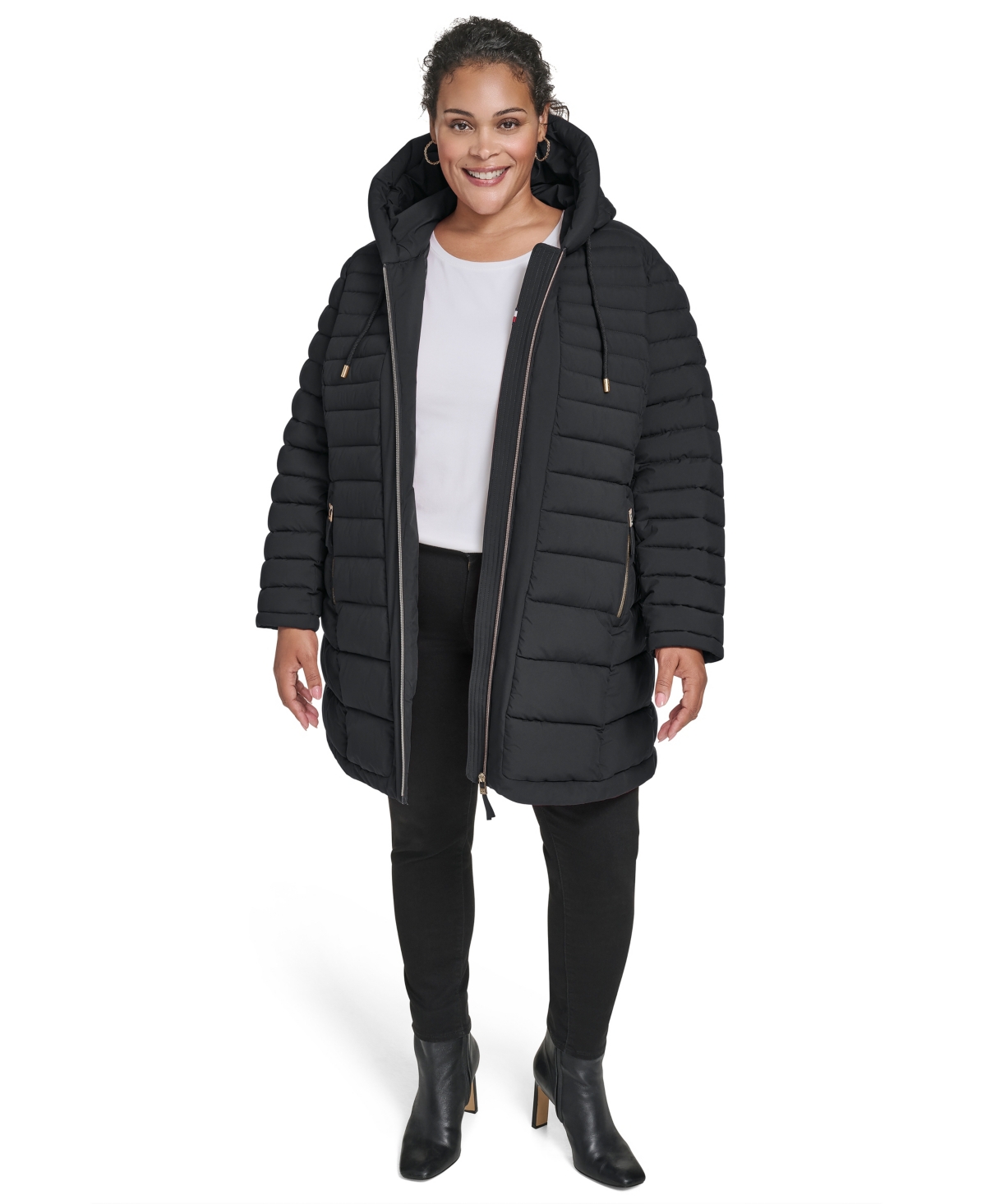 Tommy Hilfiger Plus Size Hooded Packable Puffer Coat In Black