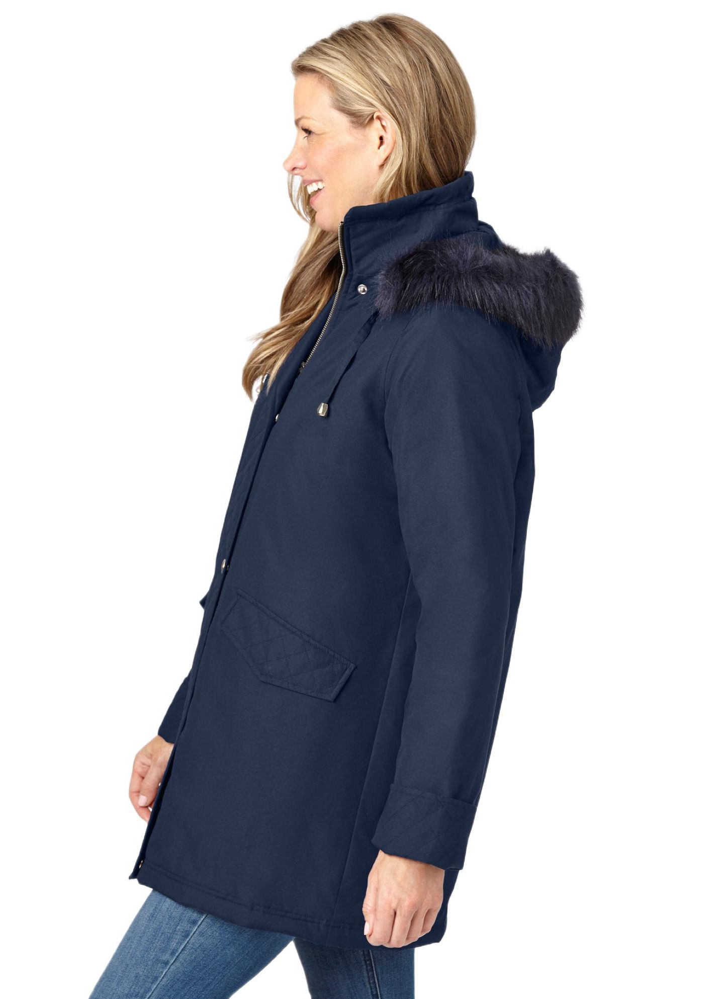 Женская куртка Woman Within Plus Size Faux Fur Down Parka, цвет: Тёмно-синий — фото 4