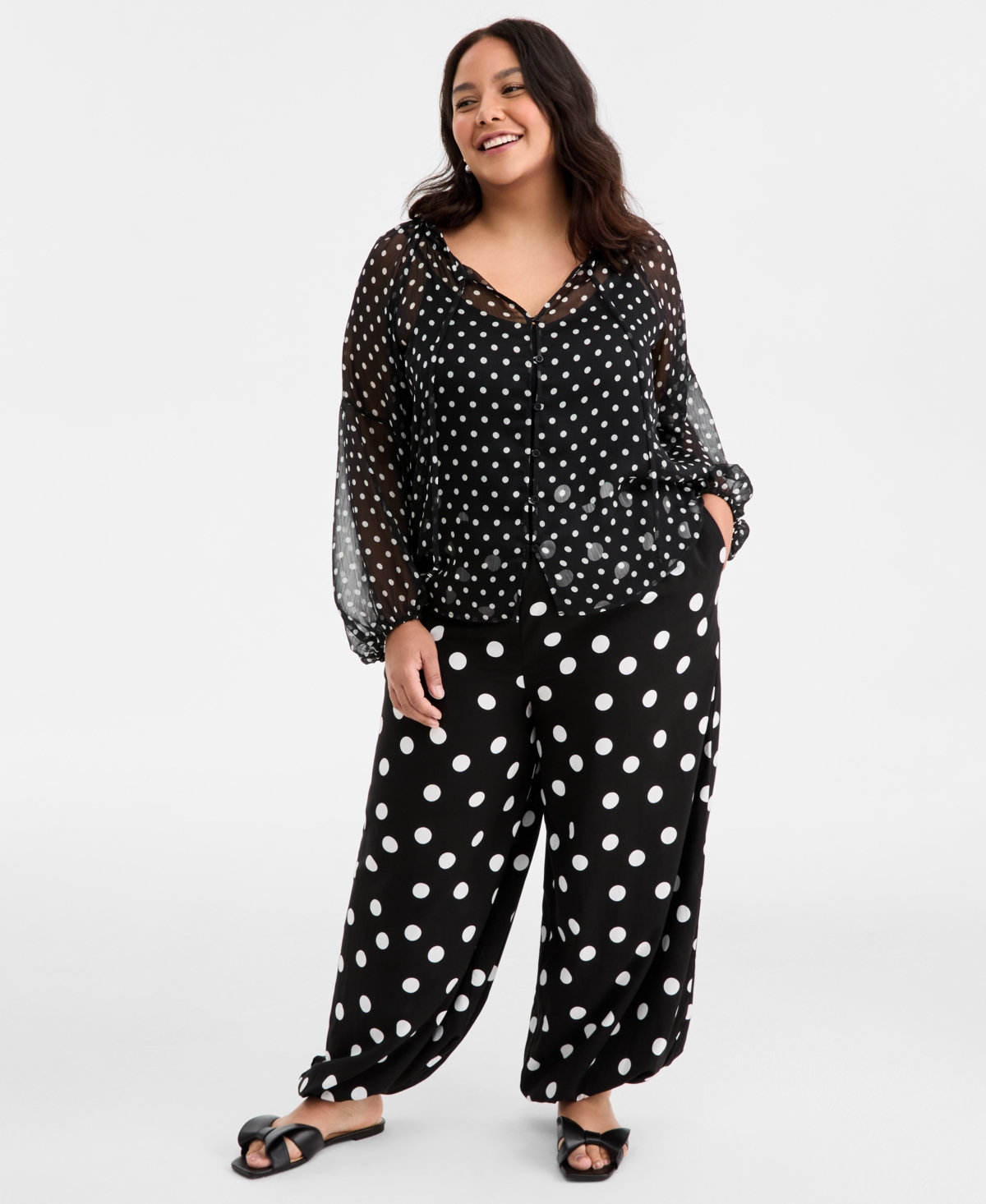 On 34th Trendy Plus Polka-Dot Crinkle-Chiffon Blouse, Macy's Exclusive