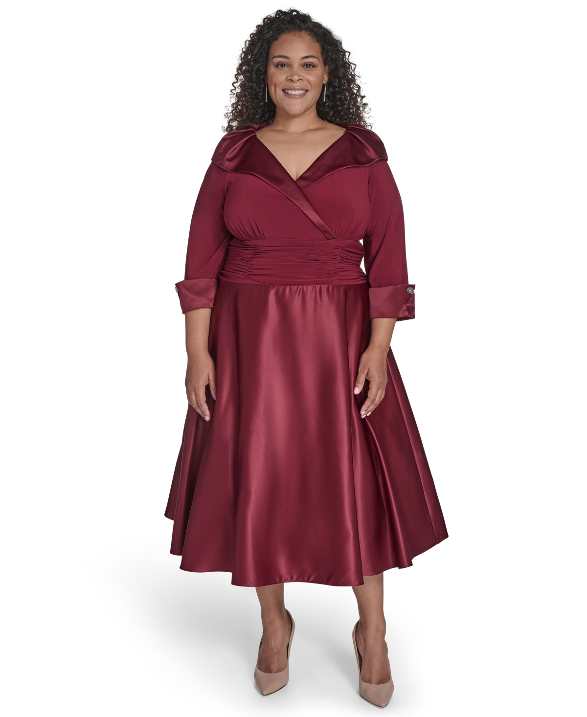 Jessica Howard Plus Size Rhinestone Cuff Sleeve Midi Dress In Burgundy