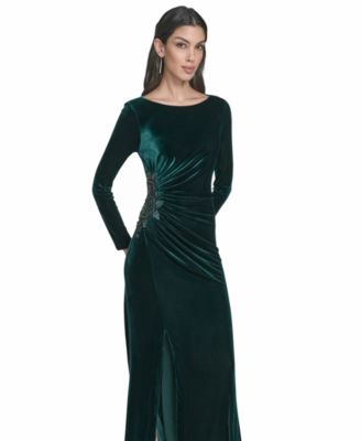 Women's Velvet Side Ruched Sleeve Gown
