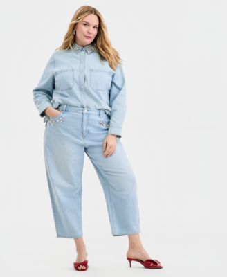 Trendy Plus Size Embellished Cropped Barrel-Leg Jeans, Macy's Exclusive