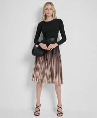 Women's Ombré Belted Pleat-Skirt Long-Sleeve Dress
