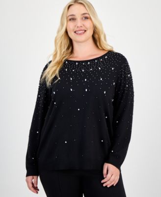Plus Size Rhinestone Boat-Neck Long-Sleeve Sweater