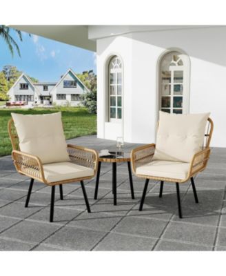 3 Piece Patio Bistro Set, Outdoor Wicker Conversation Set with Round Glass Top Coffee Table and Cushioned Chair, All-Weather Rattan Patio Furniture for Porch Balcony, Beige