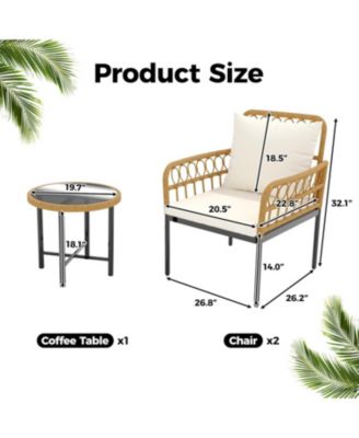 3 Pieces Wicker Patio Bistro Sets Outdoor Conversation Sets with Glass Top Side Table and 2 Modern Rattan Chairs, Patio Furniture Set for Apartment, Backyard, Porch, Balcony, Lawn (Beige)