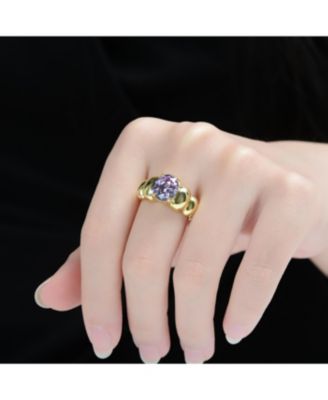 Sterling Silver 14K Gold Plated with Purple Cubic Zirconia Center Design Ring
