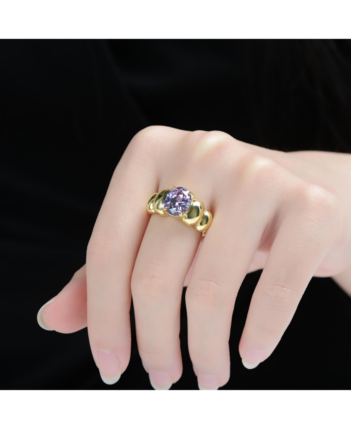 Genevive Sterling Silver 14K Gold Plated with Purple Cubic Zirconia Center Design Ring