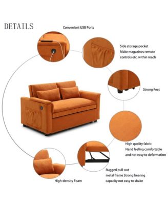 55" Velvet Loveseat Sofa Bed with USB Ports, Adjustable Backrest & Pull-Out Sleeper with Storage Pockets & Pillows