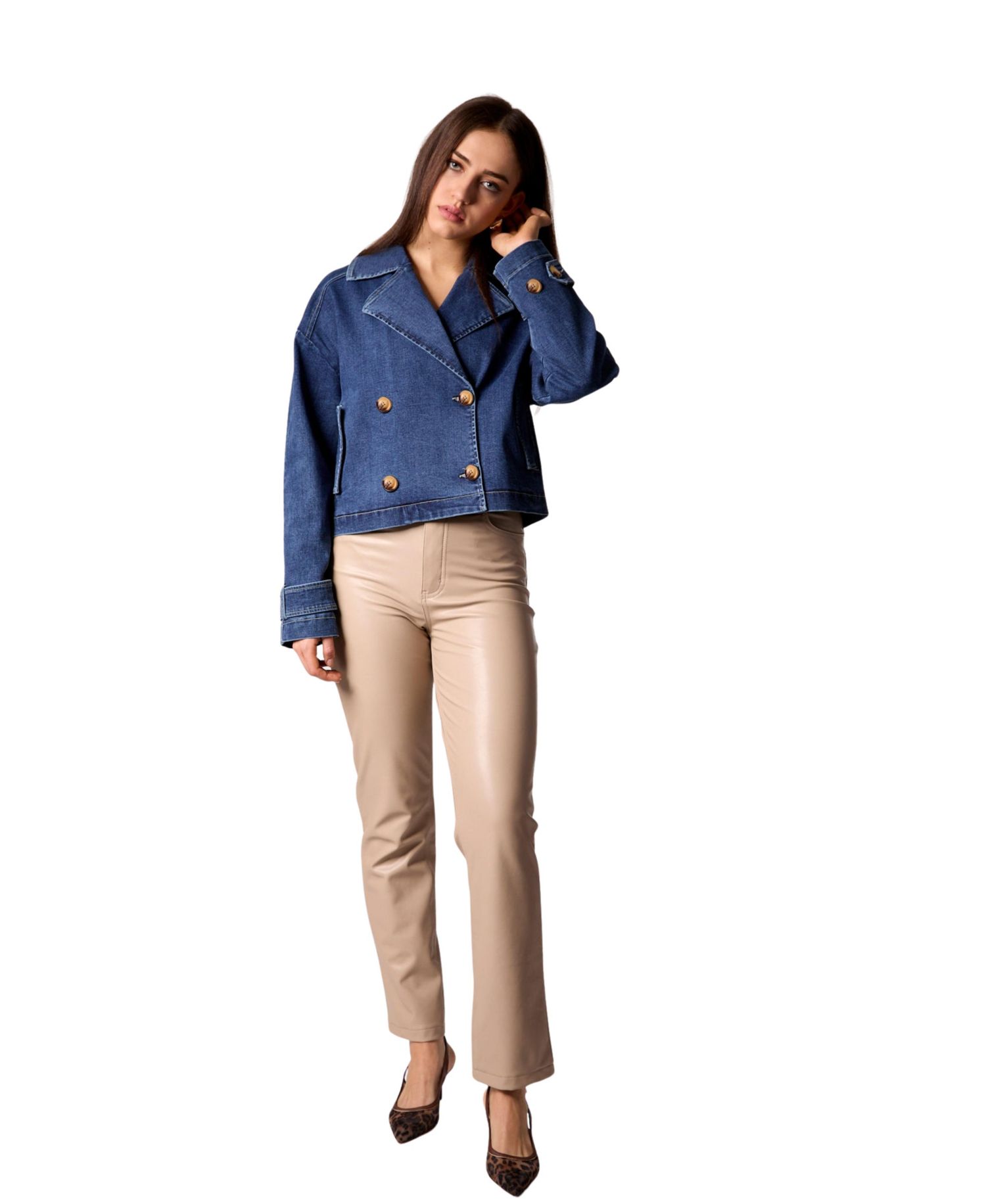 Women's Cropped Denim Double-Breasted Trench Jacket