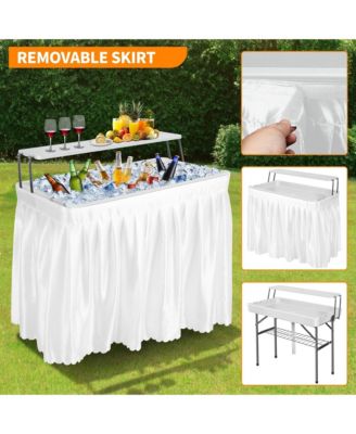2-Tier Outdoor Portable Folding Ice Cooler Table with Removable Matching Skirt and Shelf