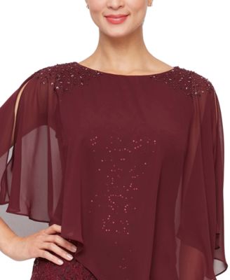 Petite Round-Neck Sequin Lace Cape Dress