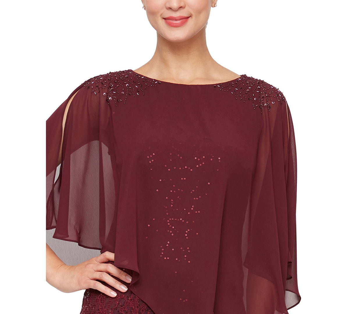 Sl Fashions Petite Round-Neck Sequin Lace Cape Dress