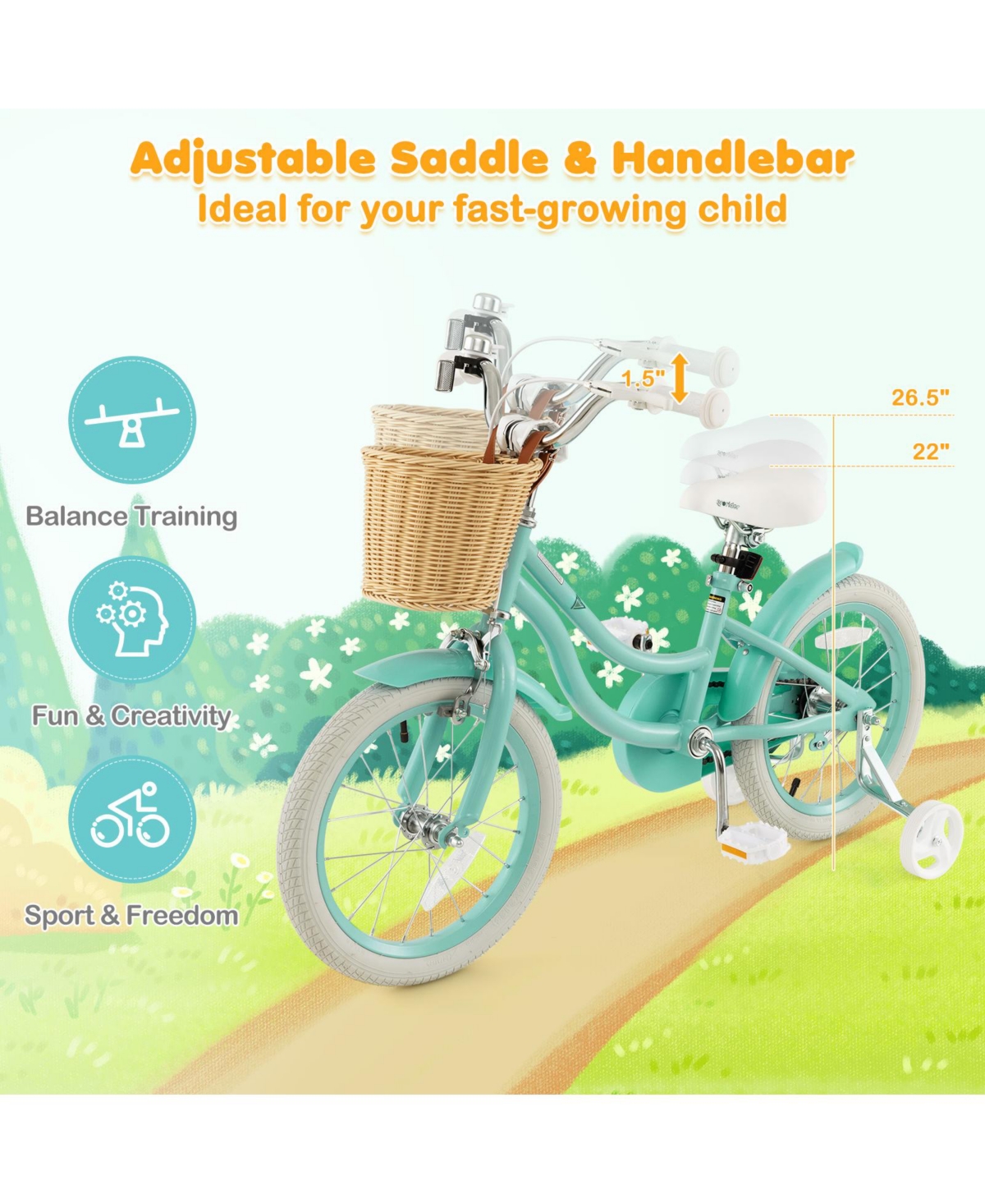 16-Inch Kids Bike with Training Wheels & Adjustable Handlebar – Green