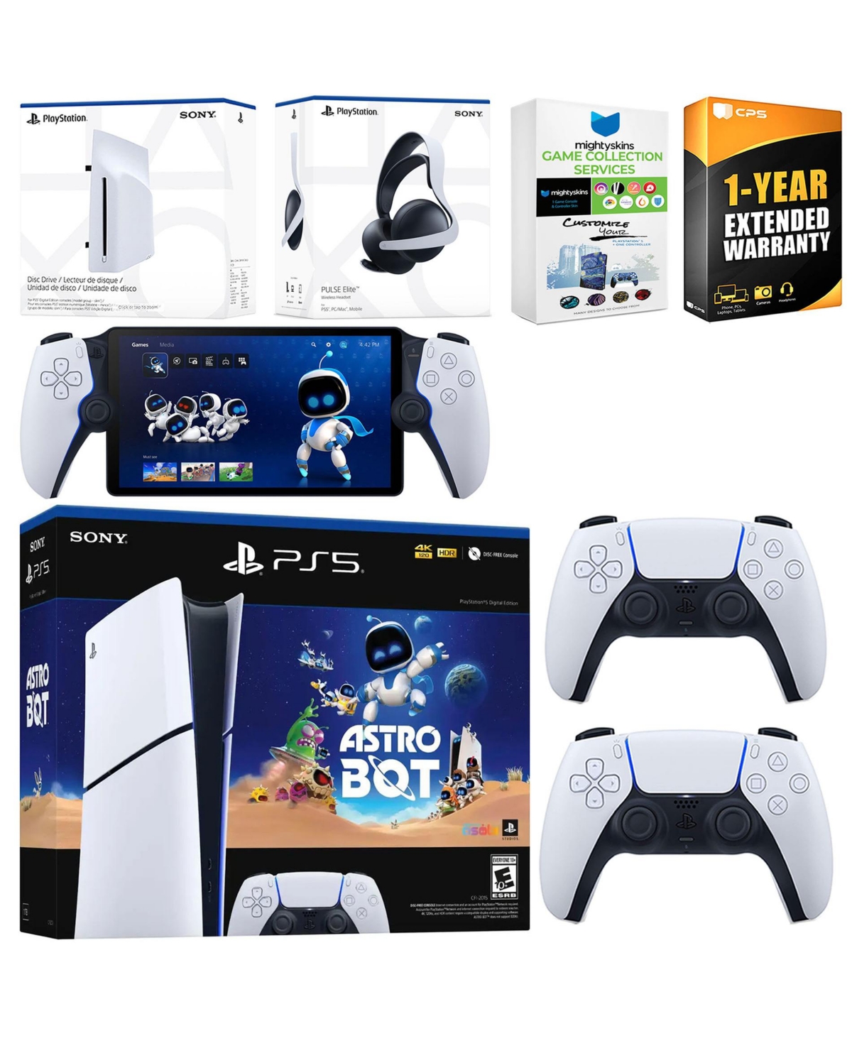 Sony PlayStation 5 Astro Bot Slim Digital Bundle with Disc Drive, Pulse Elite Headset, Extra Controller, PlayStation Portal, MightySkins Game Collecti