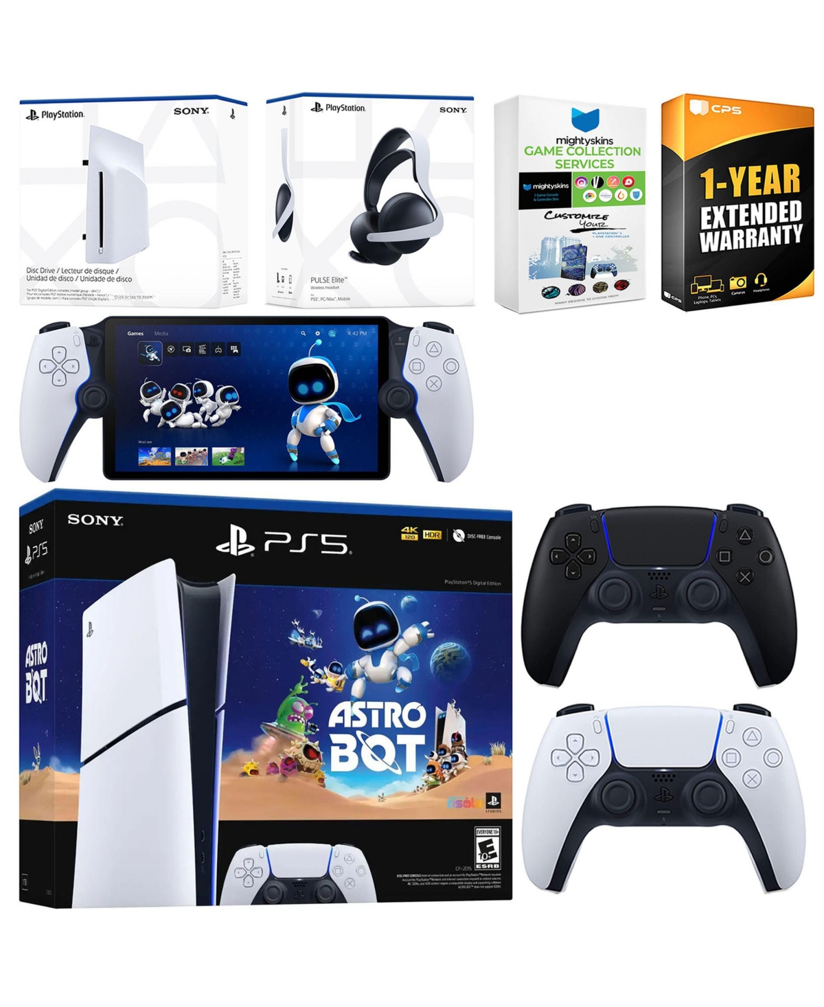 Sony PlayStation 5 Astro Bot Slim Digital Bundle with Disc Drive, Pulse Elite Headset, Extra Controller, PlayStation Portal, MightySkins Game Collecti