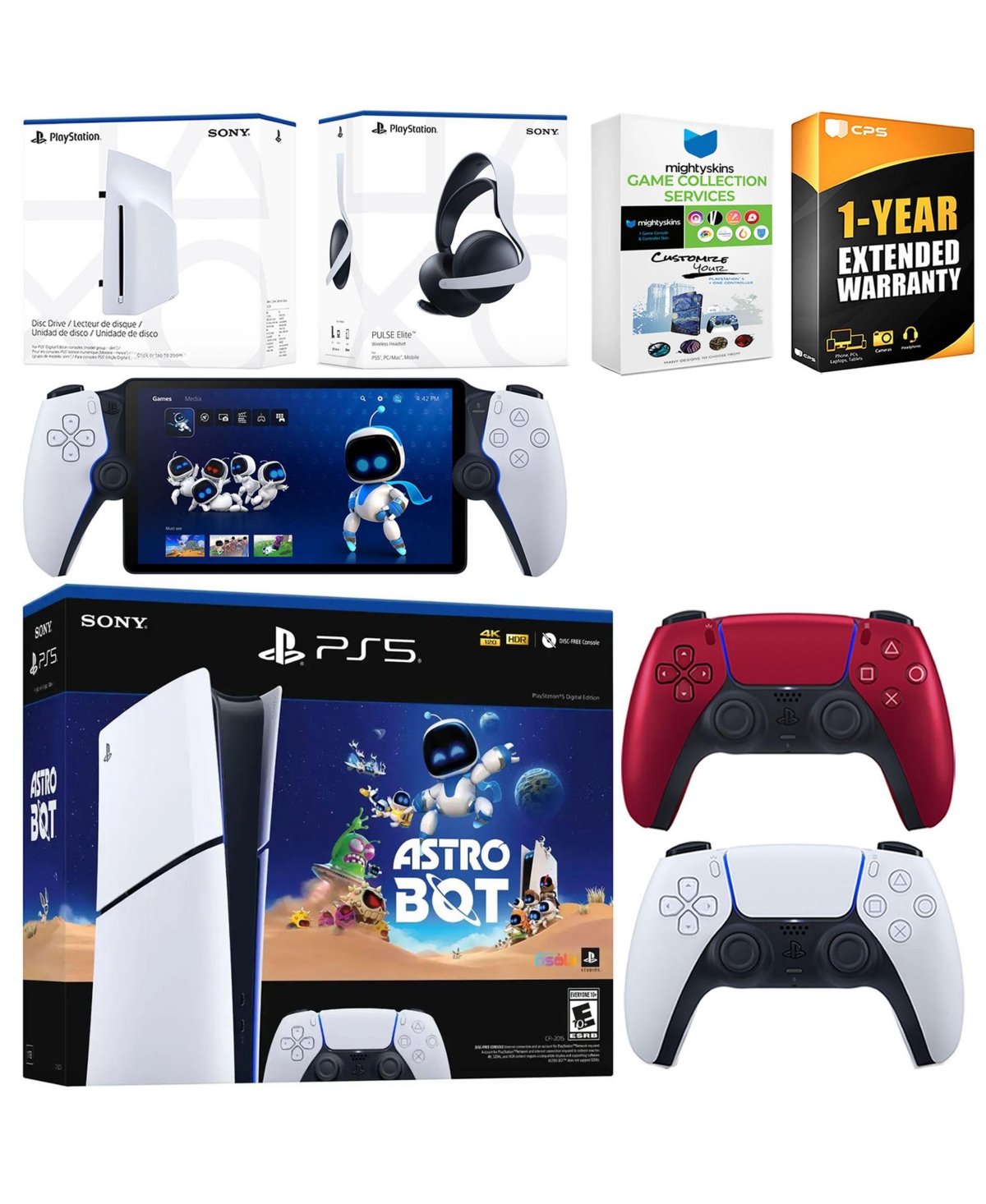 Sony PlayStation 5 Astro Bot Slim Digital Bundle with Disc Drive, Pulse Elite Headset, Extra Controller, PlayStation Portal, MightySkins Game Collecti