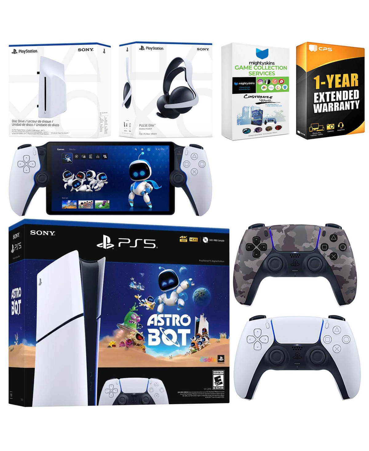 Sony PlayStation 5 Astro Bot Slim Digital Bundle with Disc Drive, Pulse Elite Headset, Extra Controller, PlayStation Portal, MightySkins Game Collecti