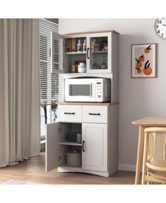 Wooden Kitchen Pantry Cabinet with Glass Doors and Storage Drawer