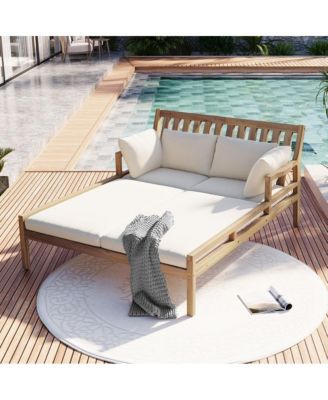 Teak Daybed Chaise Lounges 4 Pillows & Curved Armrests