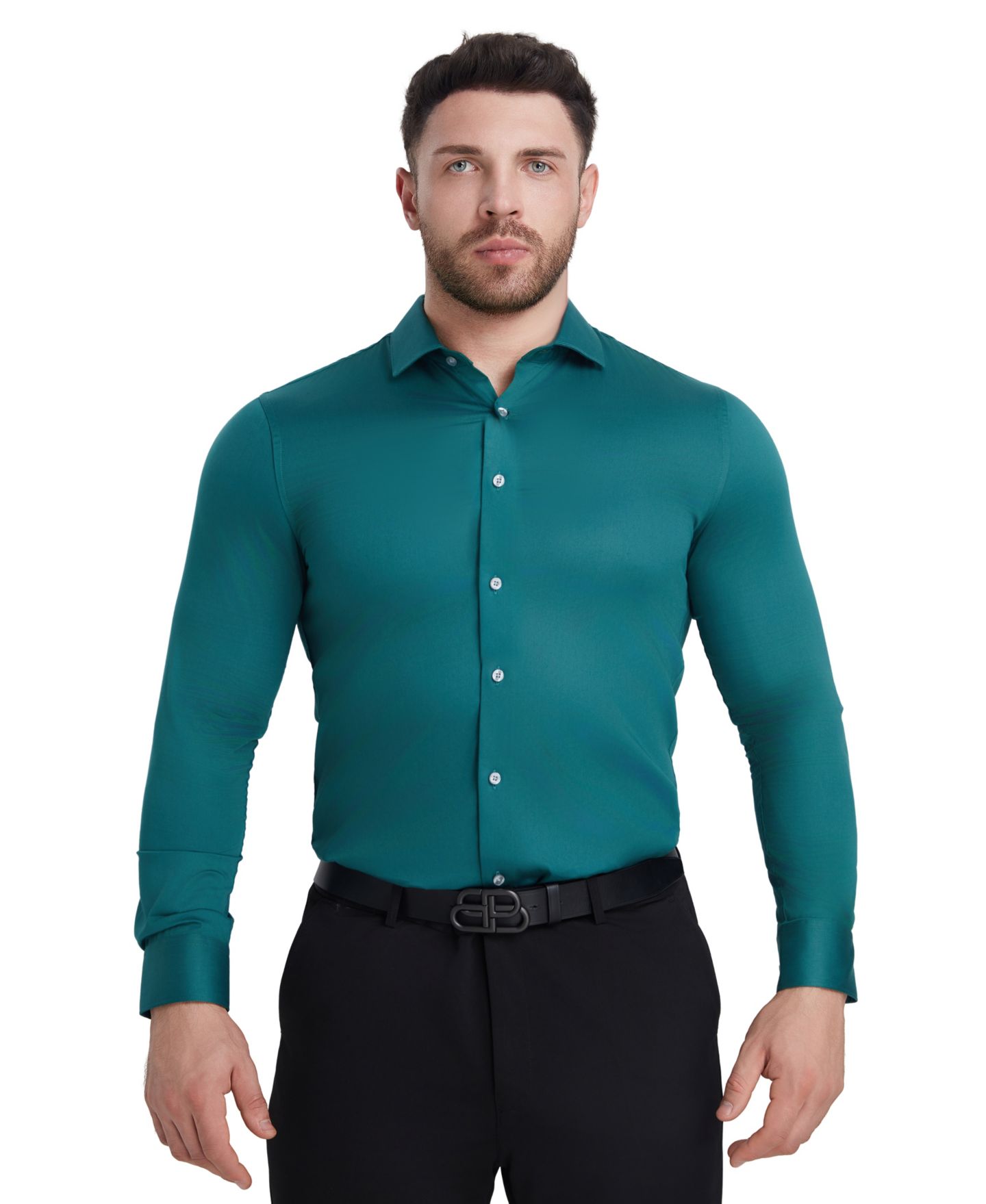 Мужская рубашка Perry Ellis Portfolio Solid Sateen Slim Fit Dress Shirt, цвет: Изумрудный — фото 1