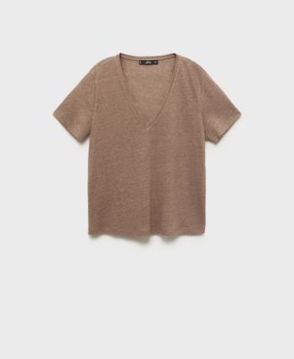 MANGO - Women's V-Neck Linen T-Shirt
