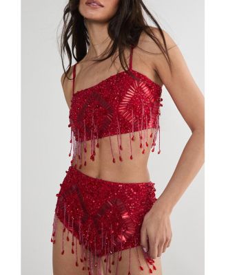 Women's Embellished Tassel Beaded Crop Top