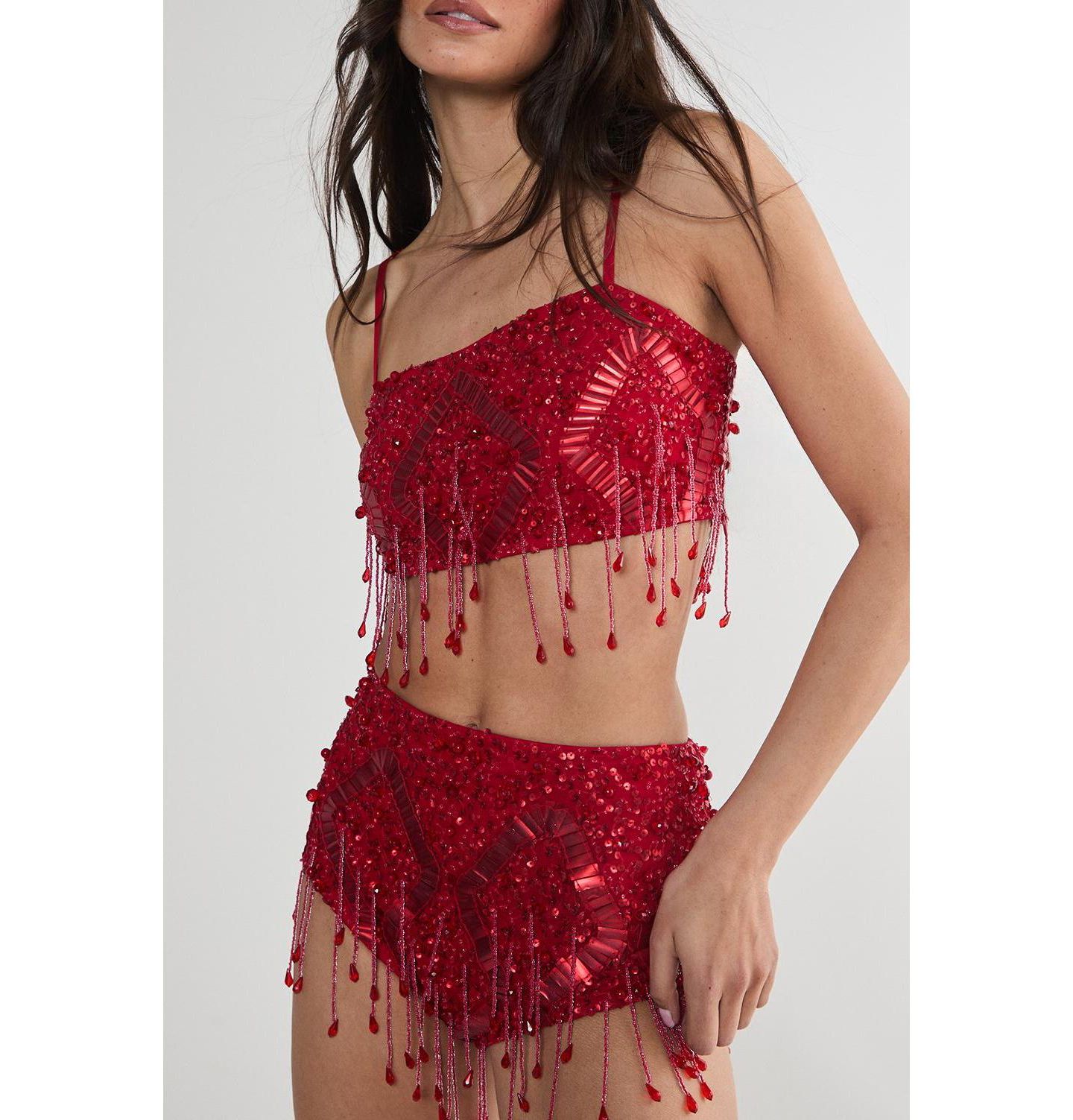 Женский топ Nasty Gal Embellished Tassel Beaded Crop, цвет: Красный — фото 6