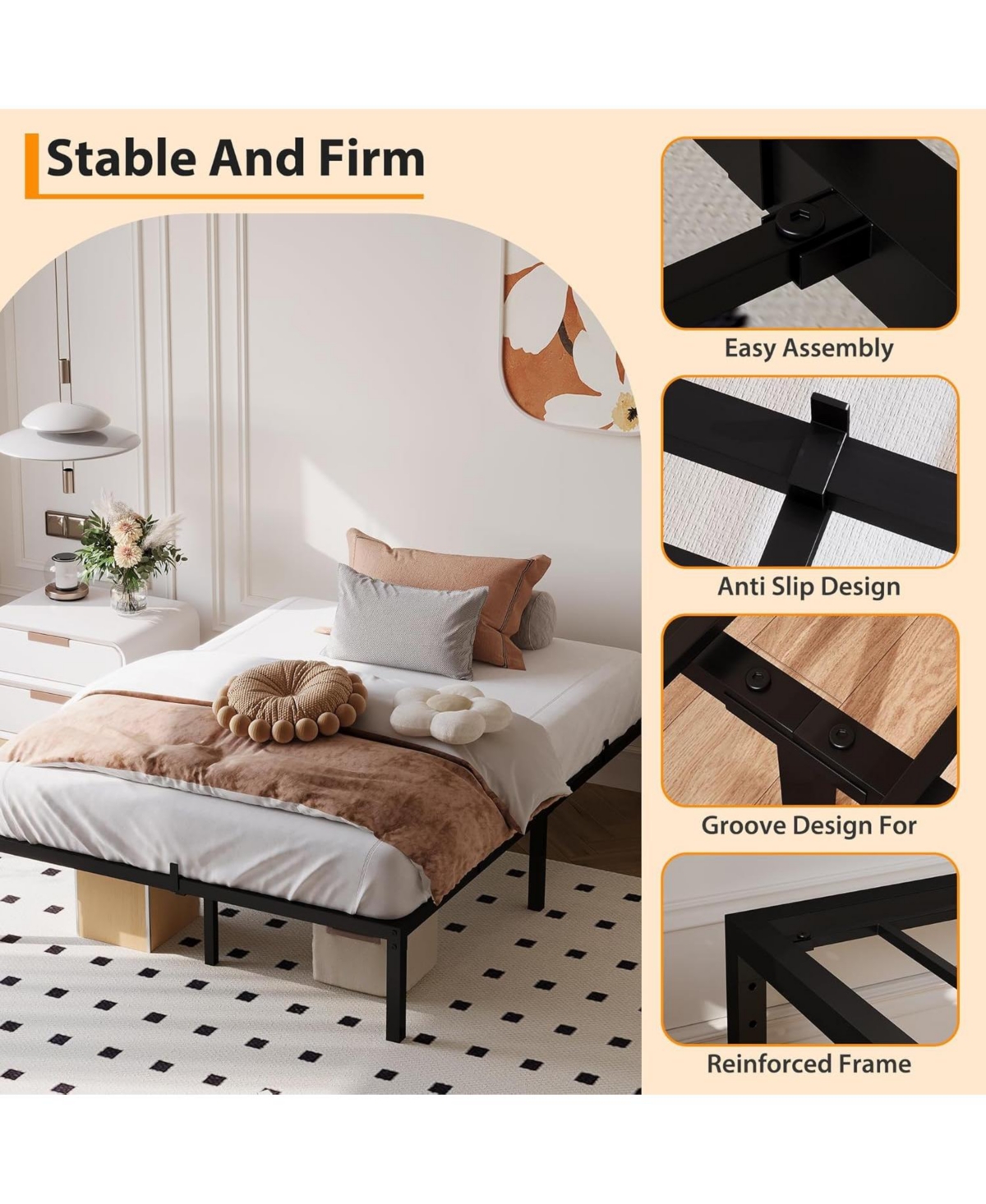14 Inch Metal Full Bed Frame with Rounded Corner, Heavy Duty Non-Slip Bed Frame with Steel Slats, No Box Spring Required Noise-Free Easy Assembly, 9-L