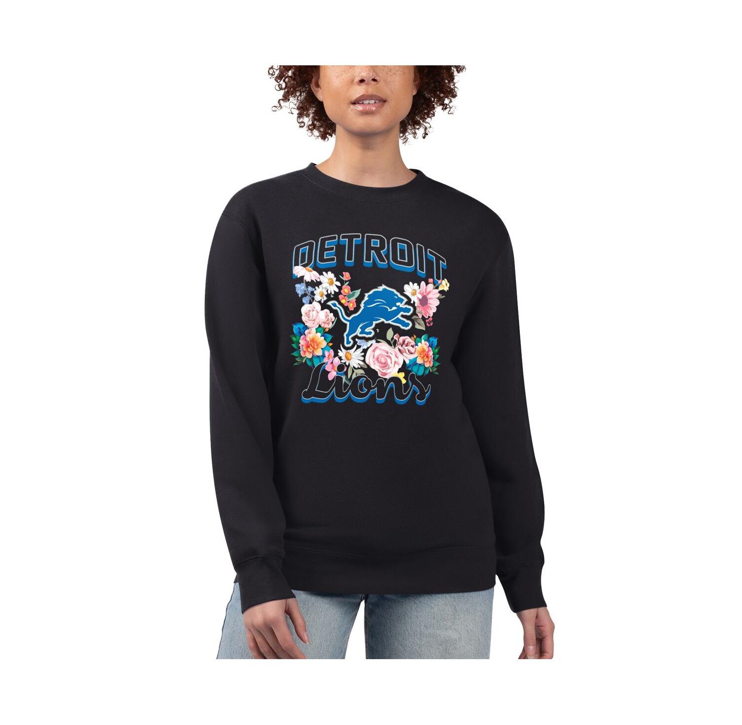 Women's Black Detroit Lions Flower Logo Graphic Fleece Pullover Sweatshirt