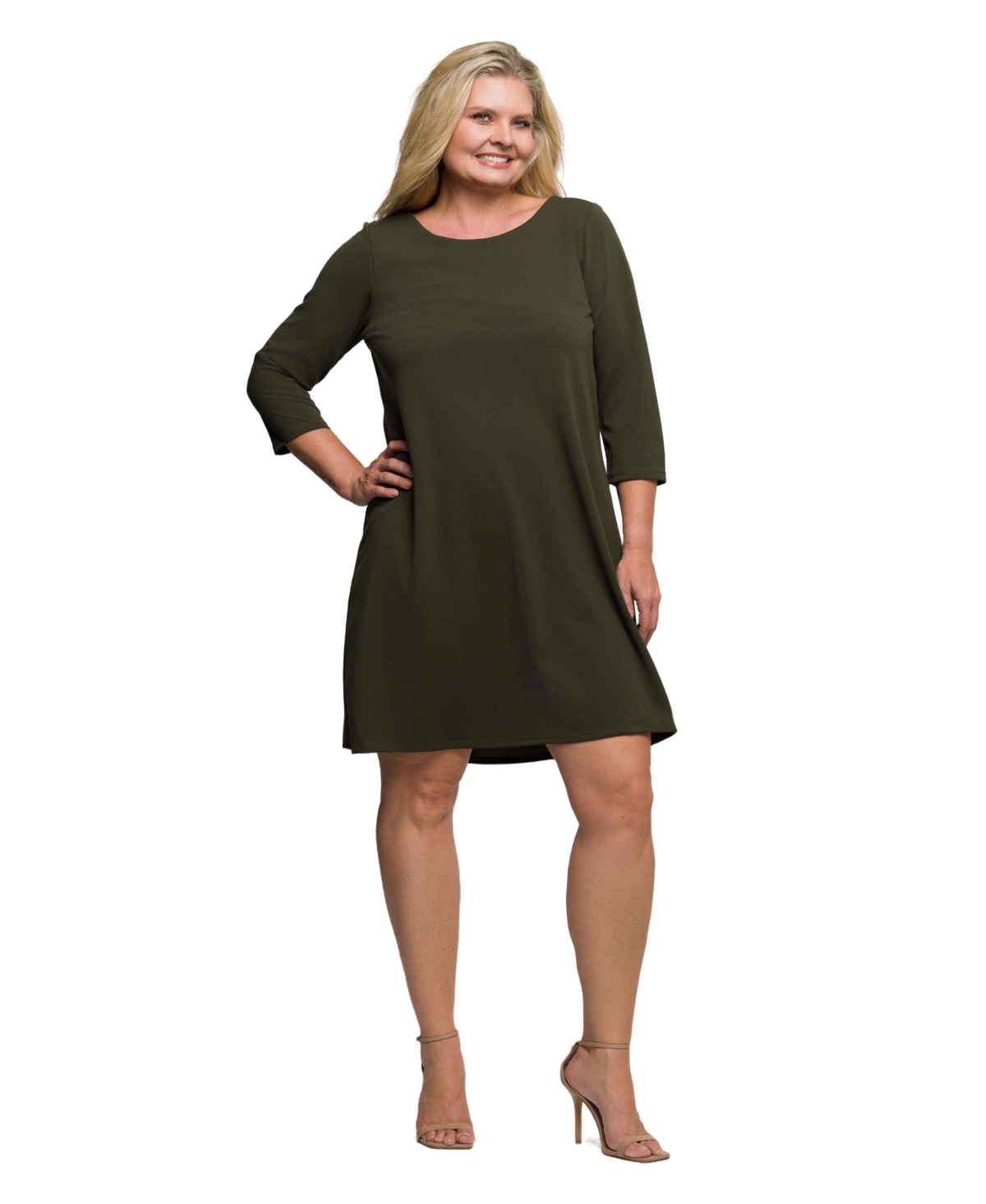 24seven Comfort Apparel Plus Size Three Quarter Sleeve A Line Knee Length Dress In Green