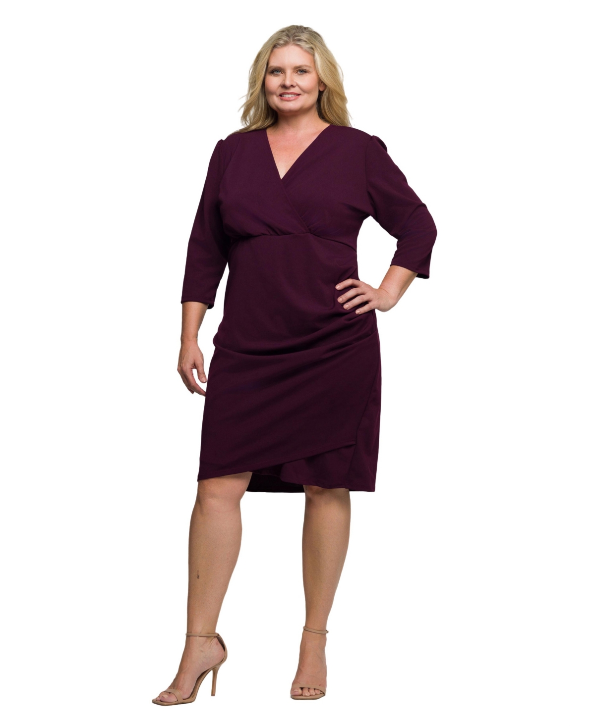 24seven Comfort Apparel Plus Size Solid Color V Neck Faux Wrap Dress In Burgundy