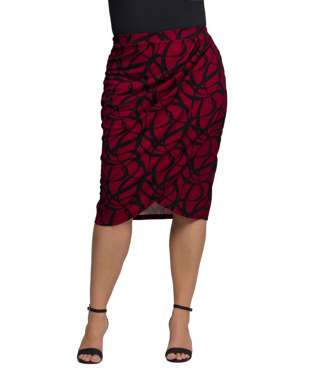 24seven Comfort Apparel Plus Size Burgundy Print Ruched Knee Length Skirt In Multi