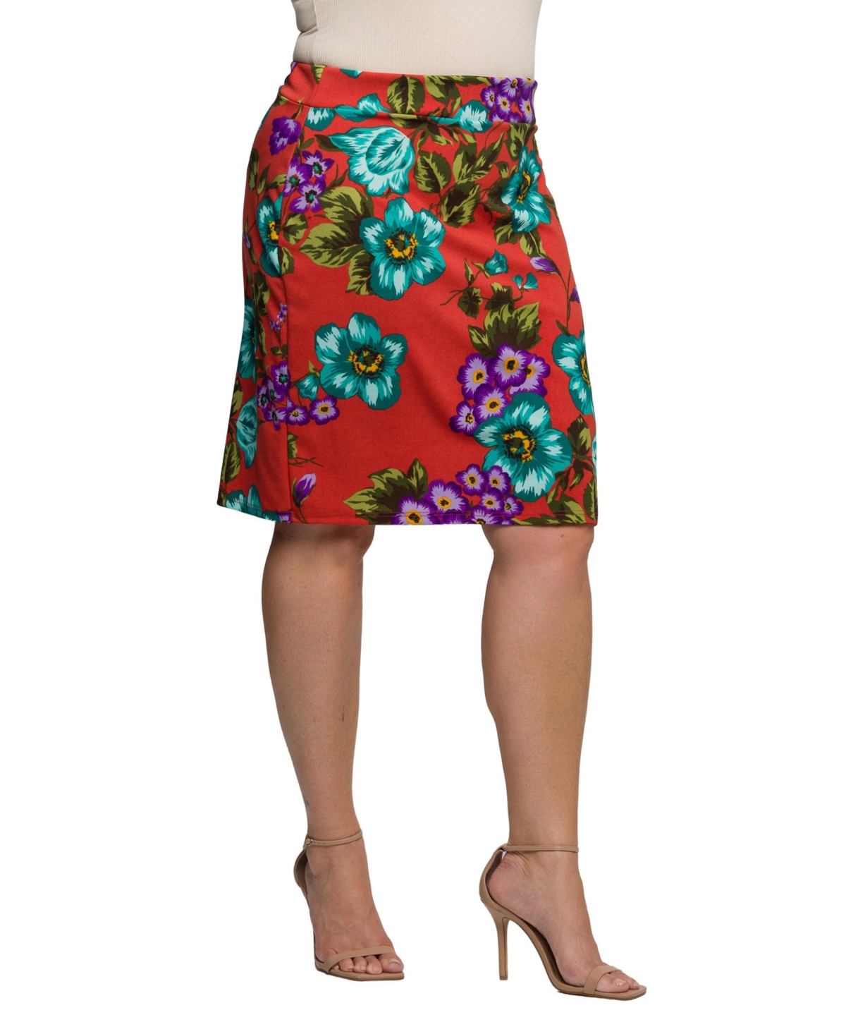 24seven Comfort Apparel Plus Size Orange Floral Print Knee Length Pencil Skirt In Multi