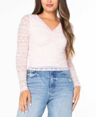 Juniors' Long-Sleeve Lace V-Neck Top