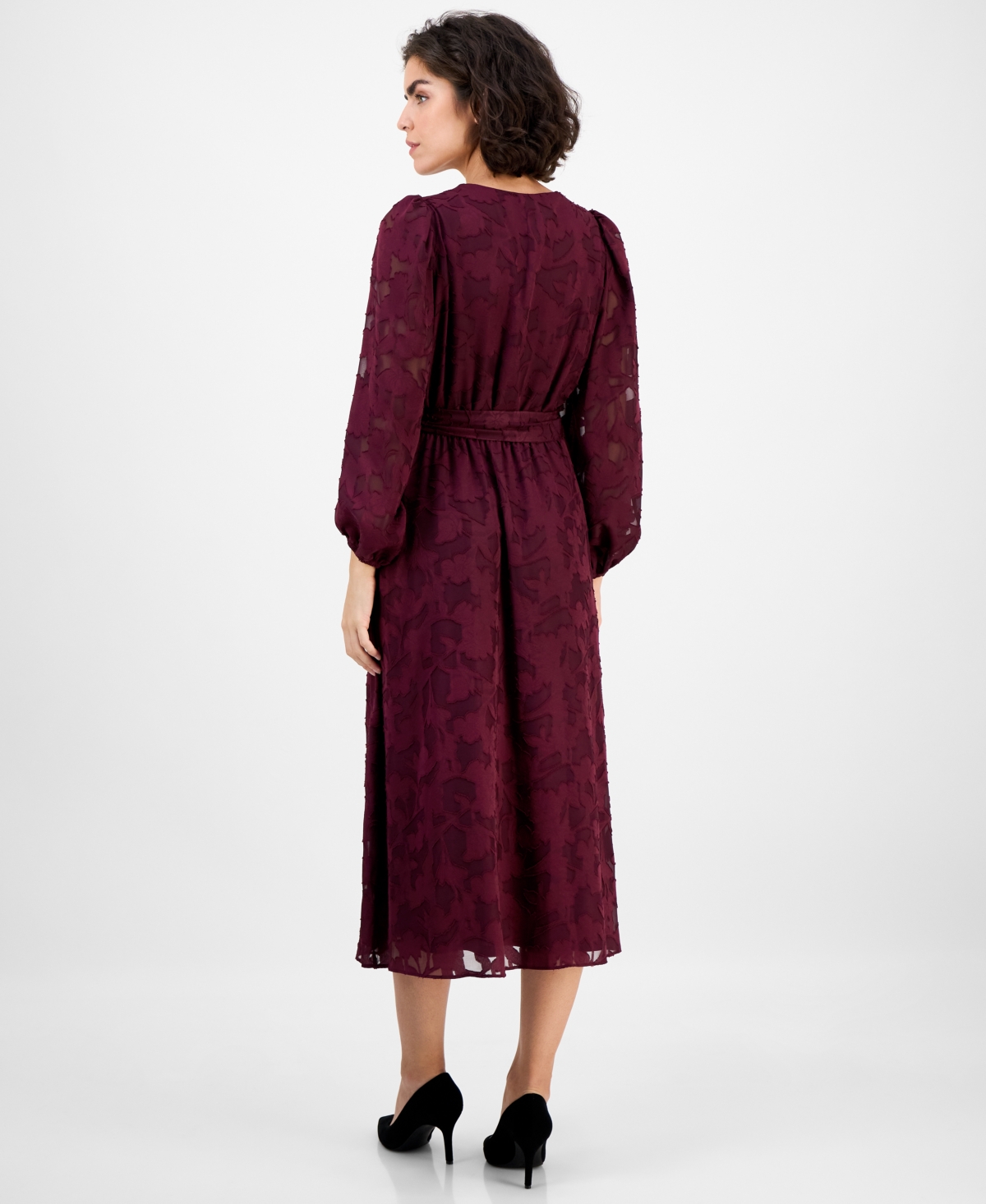Anne Klein Floral Appliqué Long Sleeve Dress In Burgundy