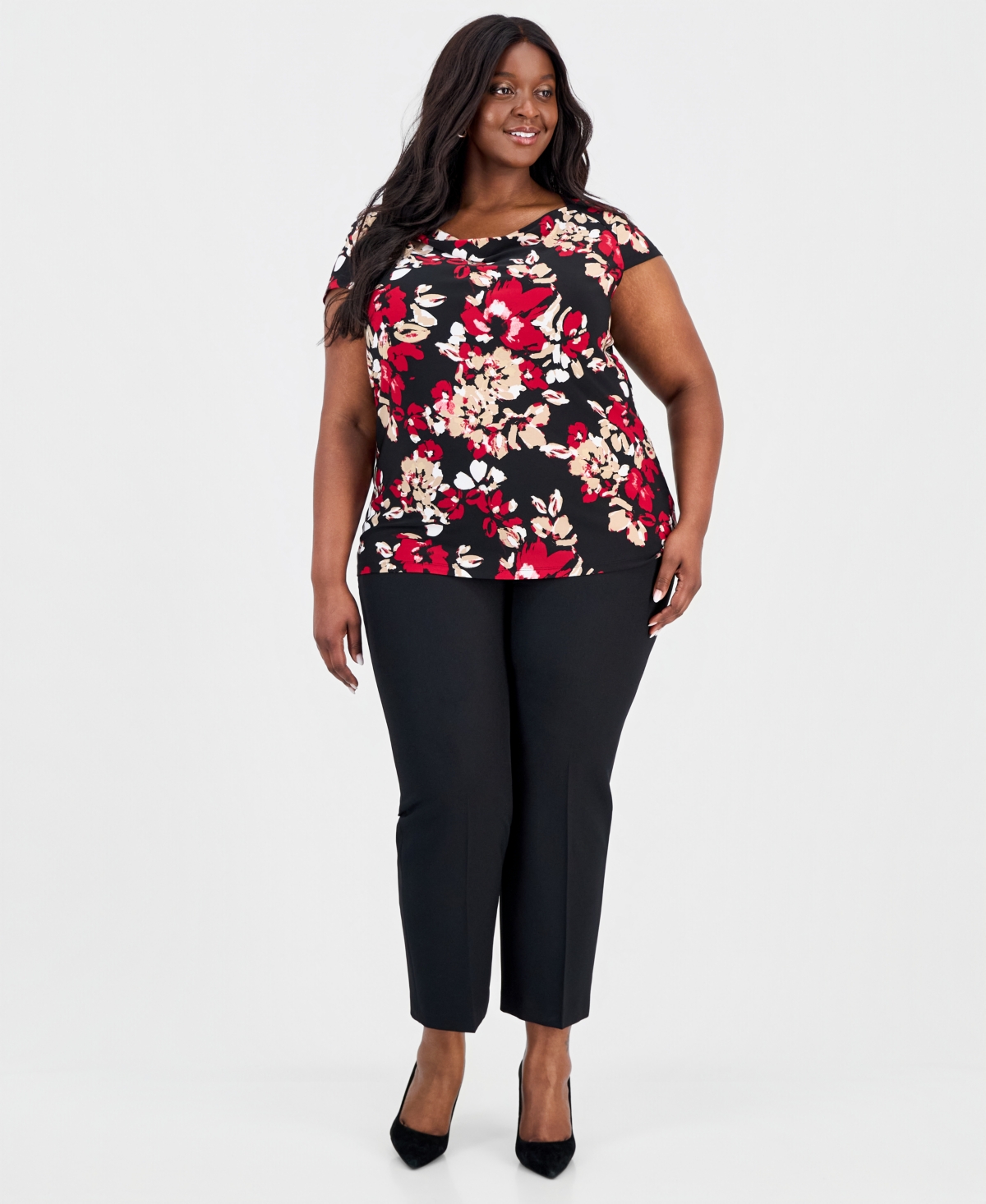 Kasper Plus Size Cowl-neck Cap-sleeve Top In Multi