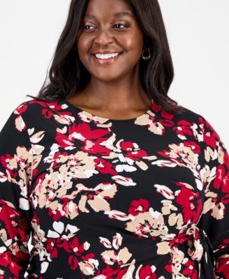 Plus Size Printed 3/4-Sleeve Tie-Waist Top