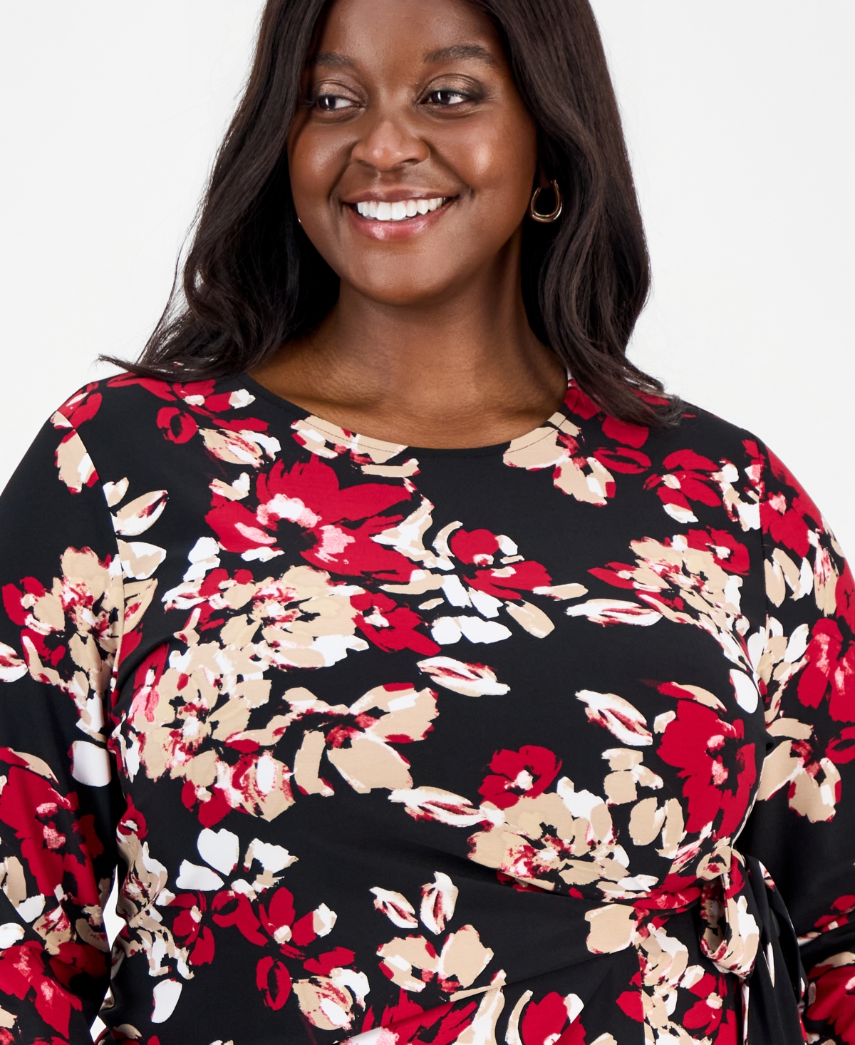 Kasper Plus Printed 3/4-Sleeve Tie-Waist Top