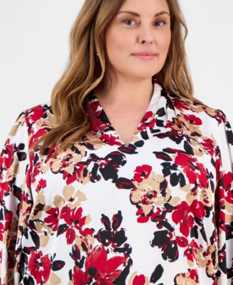 Plus Size Printed Satin V-Neck Top