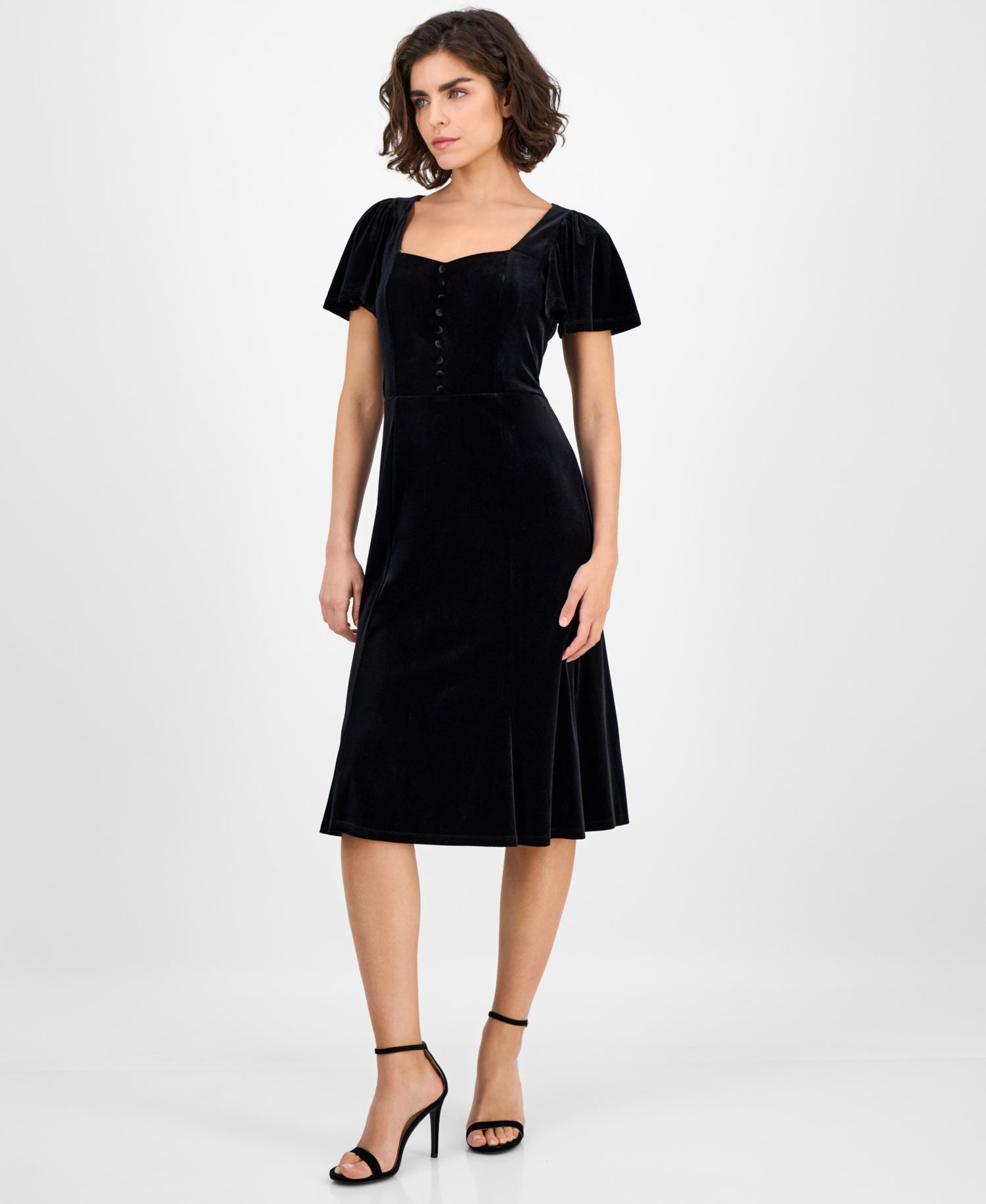 Women's Sweetheart-Neck Puff Sleeve Velvet Midi Dress