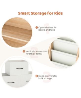 Wooden Kids Storage Organizer Shelf with Book Rack and Fabric Bins