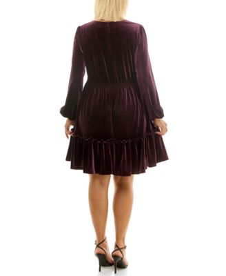 Plus Size V-Neck Long-Sleeve Smocked-Waist Velvet Dress