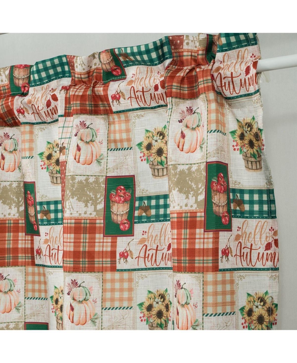 Kate Aurora Country Farmhouse Autumn Harvest Plaid Sunflowers & Pumpkins Rod Pocket Cafe Kitchen Curtain Tier Valance Set