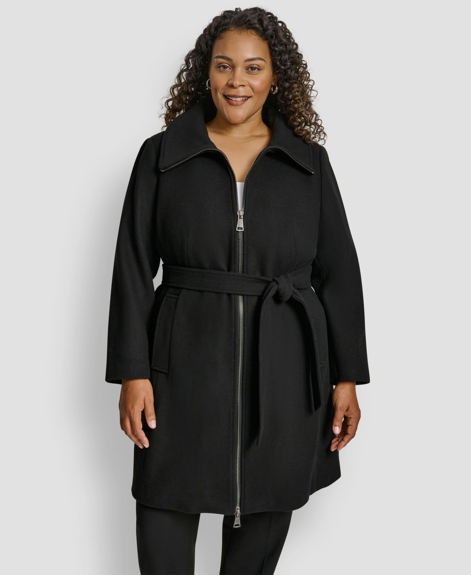 Plus Size Belted Zip-Up Wool Coat